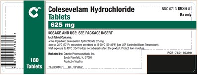 colesevelam hydrochloride-02.jpg PRINCIPAL DISPLAY PANEL NDC 0713-0936-81 Colesevelam Hydrochloride Tablets 625 mg 180 Tablets - colesevelam hydrochloride 02